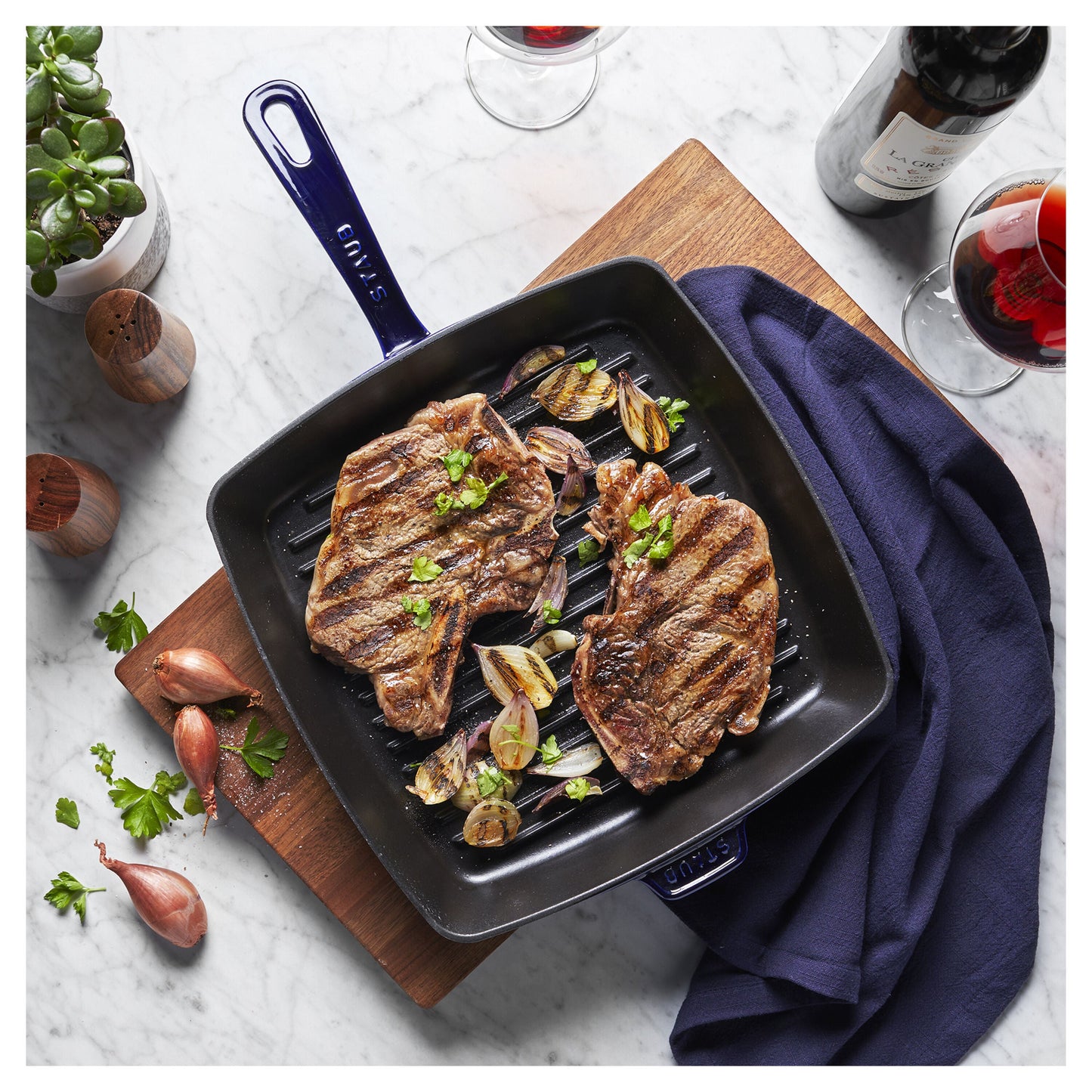 STAUB Grill Pans 30 cm Cast Iron Square American Grill, Dark-Blue