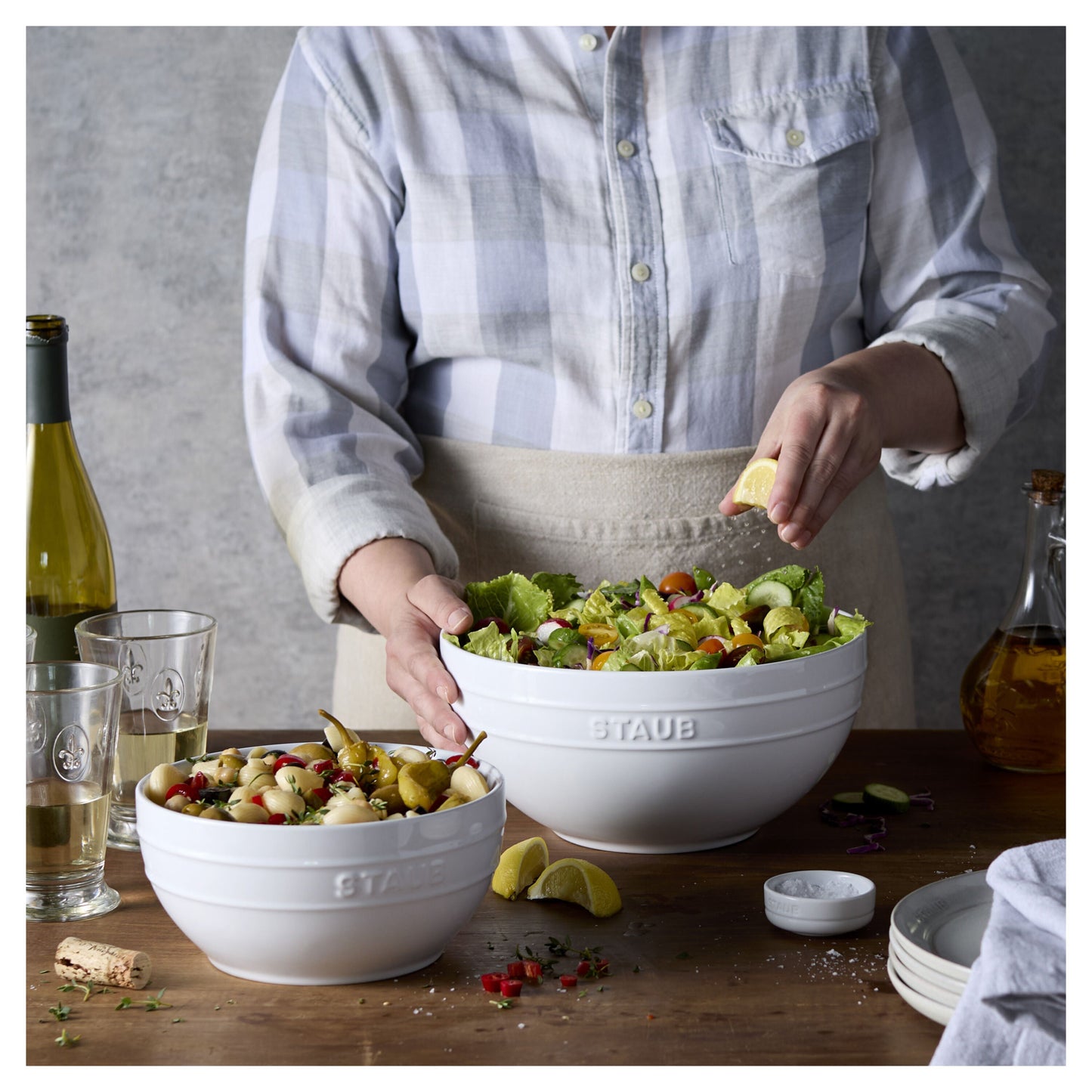 STAUB Ceramique 2 Piece Ceramic Large Mixing Bowl Set, White