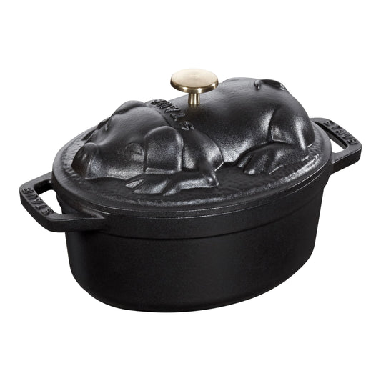 STAUB La Cocotte 1 L Cast Iron Oval Cocotte Pig Lid, Black