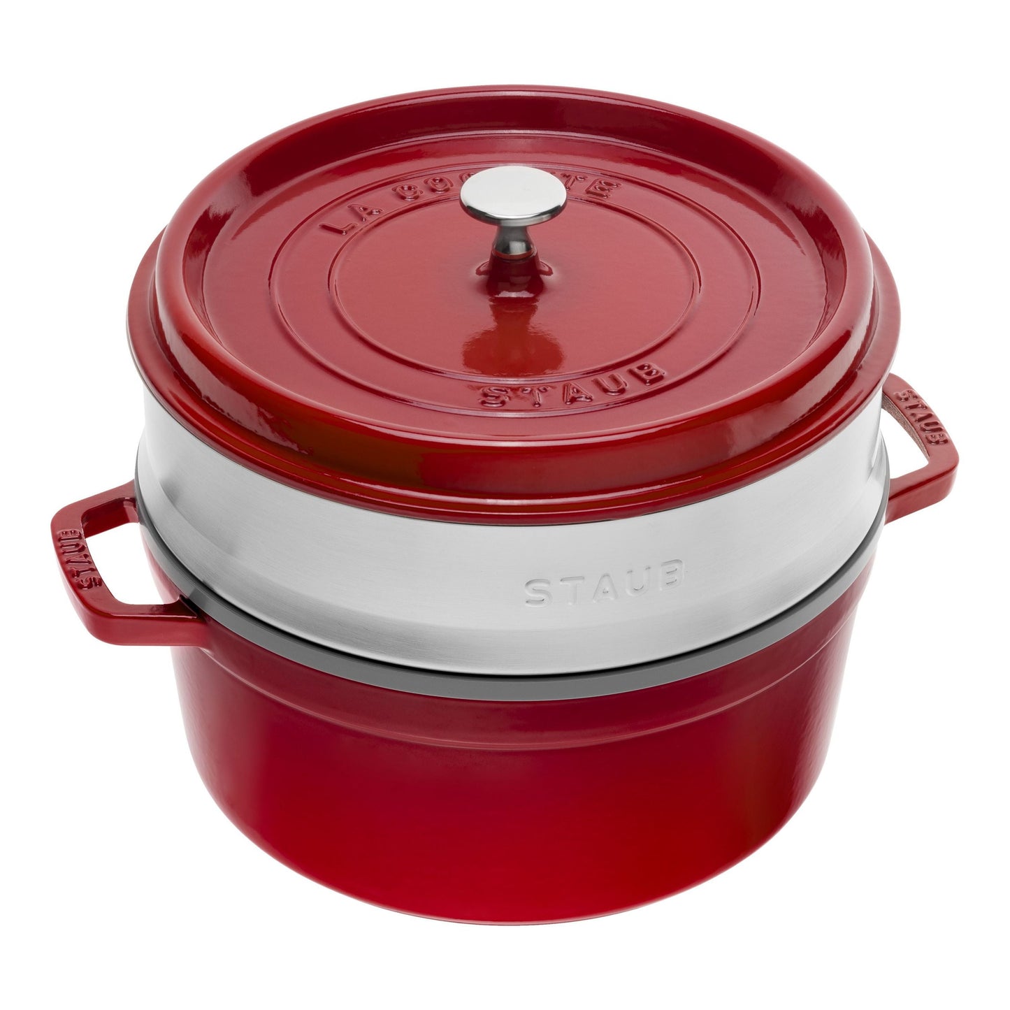 STAUB La Cocotte 5.25 L Cast Iron Round Cocotte With Steamer, Cherry