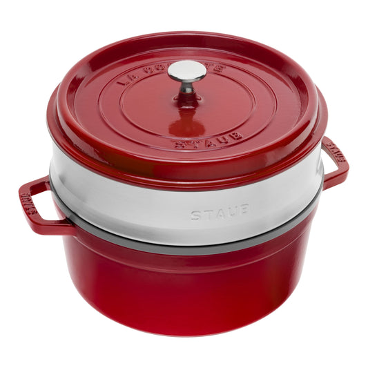 STAUB La Cocotte 5.25 L Cast Iron Round Cocotte With Steamer, Cherry