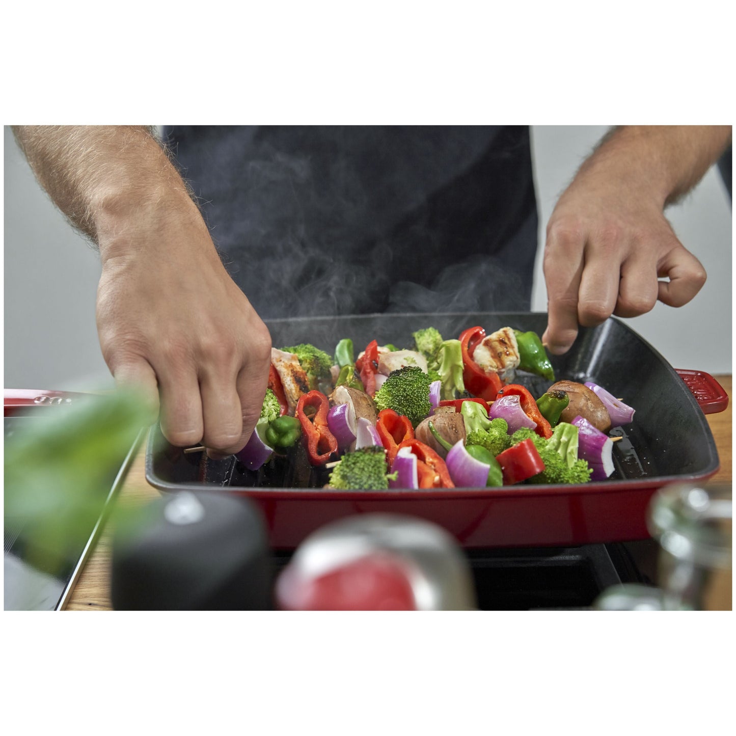 STAUB Grill Pans 30 cm Cast Iron Square American Grill, Cherry