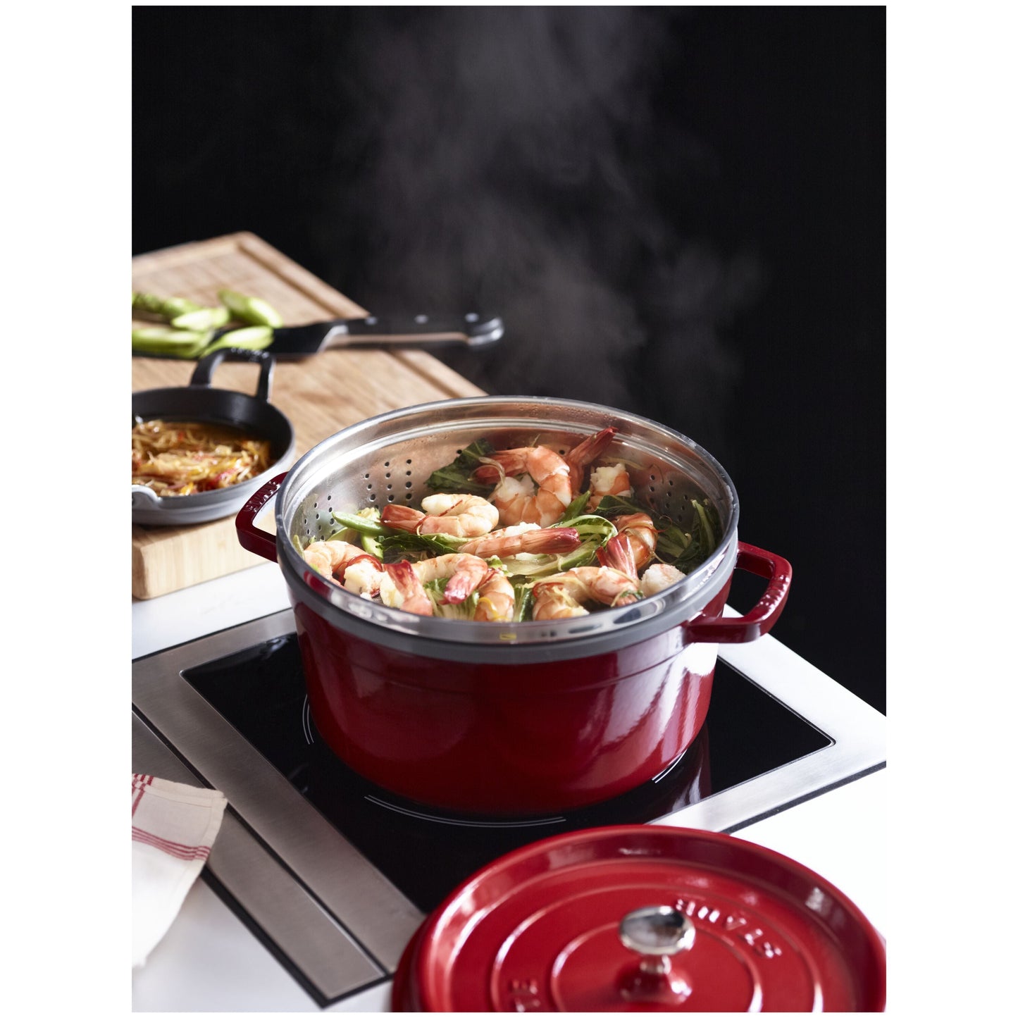 STAUB La Cocotte 5.25 L Cast Iron Round Cocotte With Steamer, Cherry
