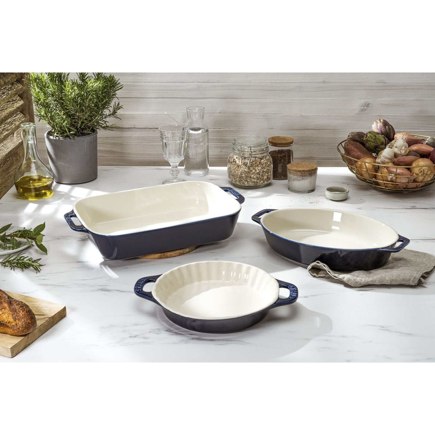 STAUB Ceramique Mixed Baking Dish Set Dark Blue 3 Piece