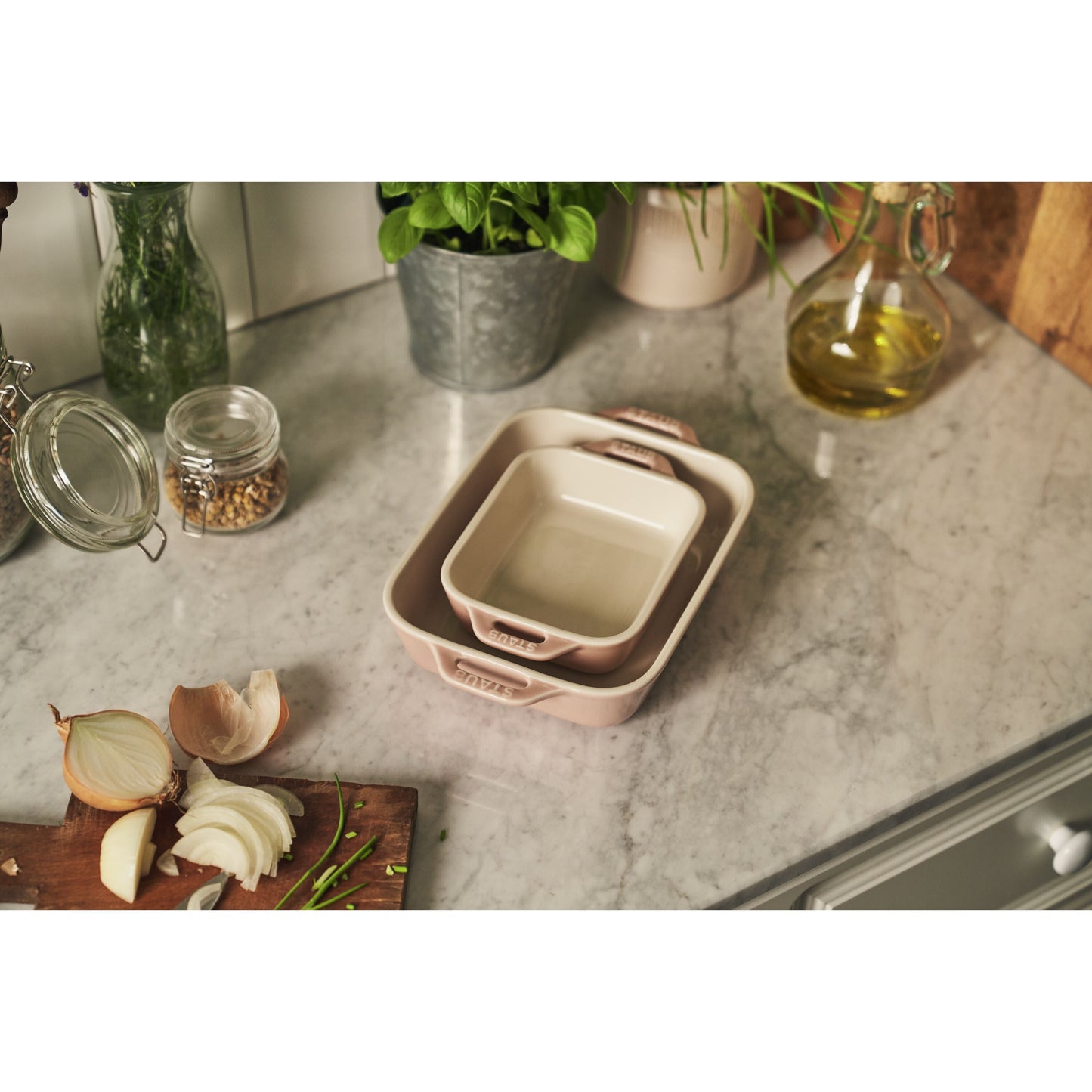 STAUB Ceramique Rectangular Baking Dish Set Macaron Light Pink 2 Piece