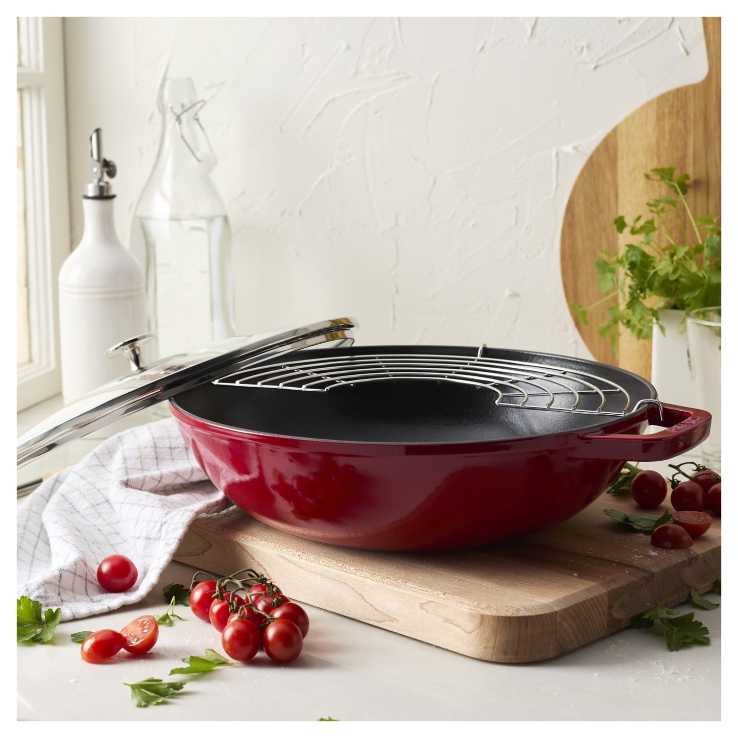 STAUB Specialities 30 Cm / 12 Inch Cast Iron Wok With Glass Lid, Cherry